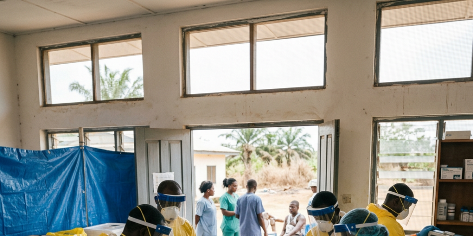 Healthcare workers in yellow protective suits and face shields working with laboratory equipment in an Ebola research facility