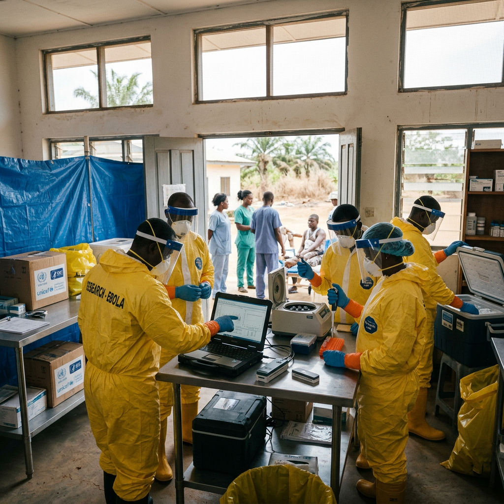 Healthcare workers in yellow protective suits and face shields working with laboratory equipment in an Ebola research facility