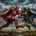 Two armored warriors fighting and kicking a glowing magical ball in an ancient arena filled with cheering spectators