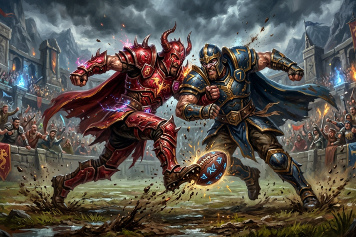 Two armored warriors fighting and kicking a glowing magical ball in an ancient arena filled with cheering spectators