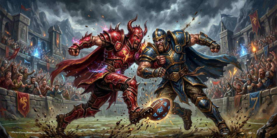 Two armored warriors fighting and kicking a glowing magical ball in an ancient arena filled with cheering spectators