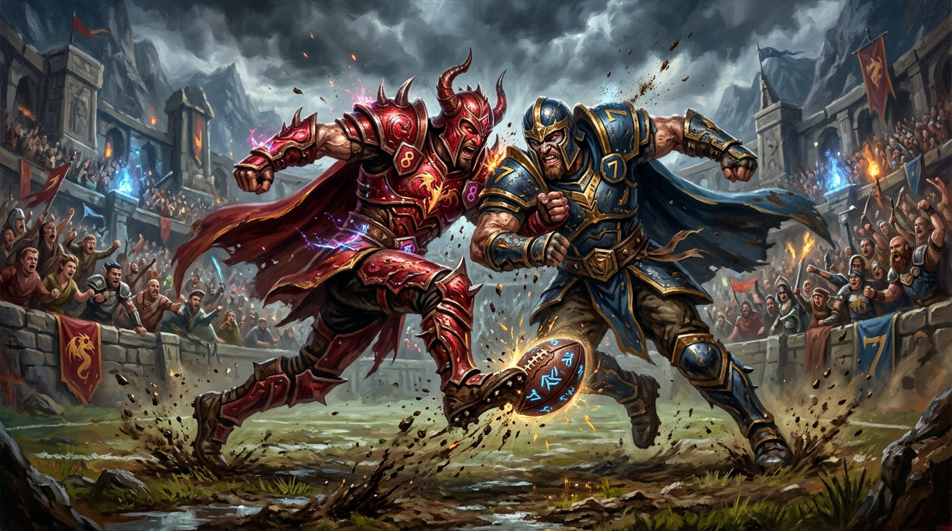 Two armored warriors fighting and kicking a glowing magical ball in an ancient arena filled with cheering spectators